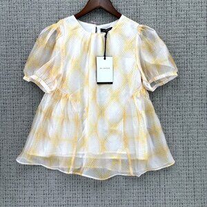 En Saison Blouse Womens Size S Yellow Cream Plaid Pullover Chiffon Puff Sleeve
